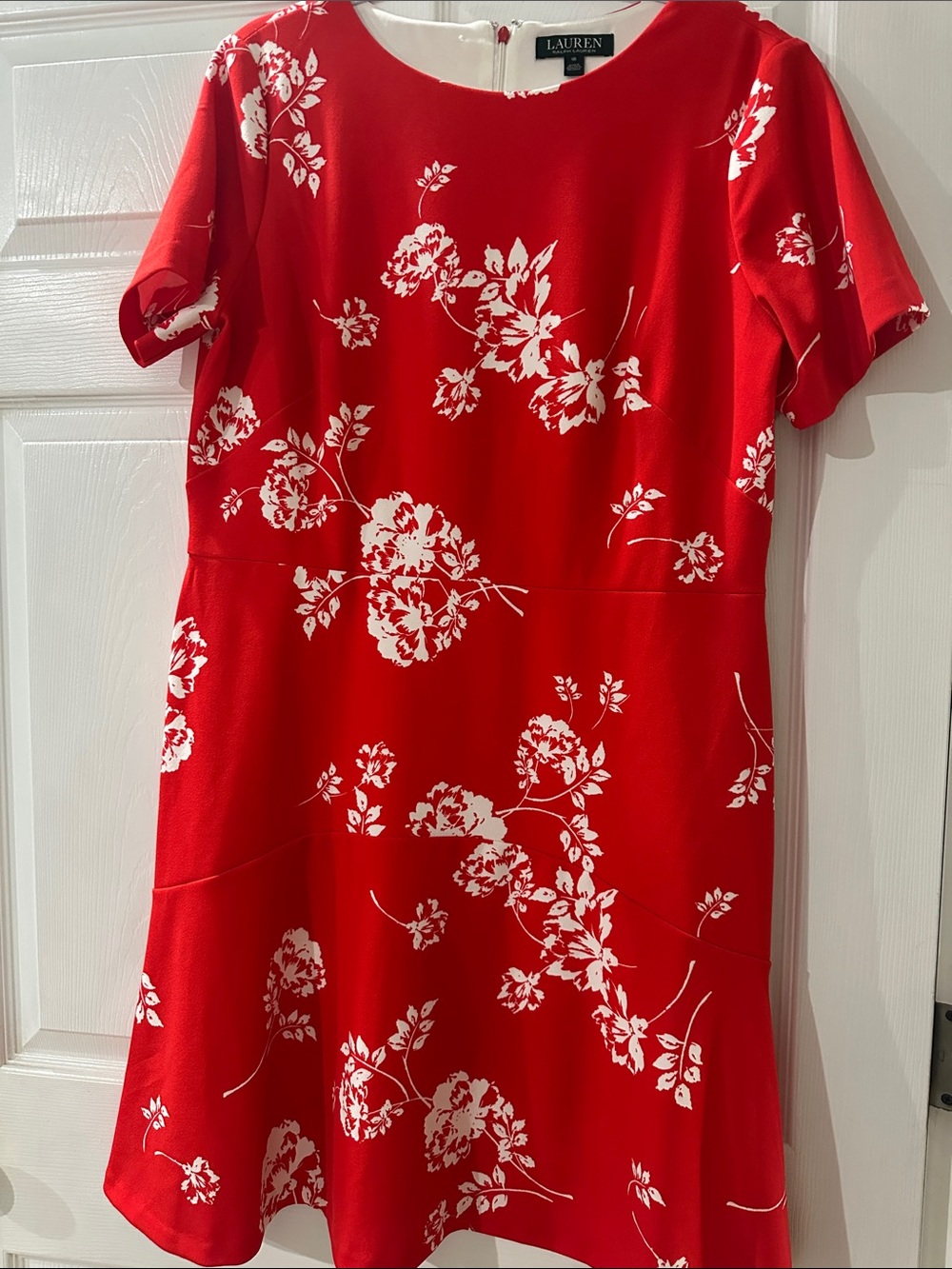 Lauren Ralph Lauren Red and White Floral Short-Sleeve Fit-and-Flare Dress